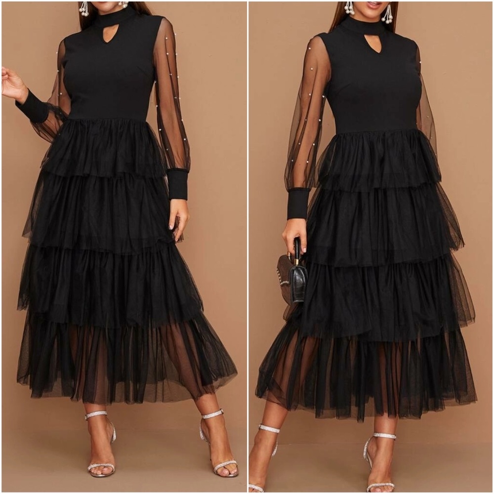 Luxe Black Sheer Sleeve Tiered Evening Party Dress - Picture 1 of 3